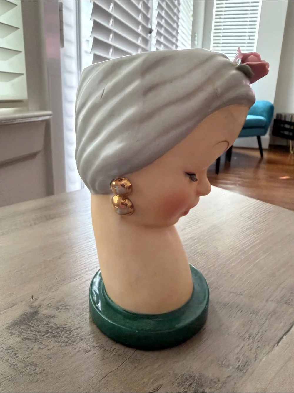 Vintage Ucagco Head Vase: Handpainted Ceramic Lady with pink rose